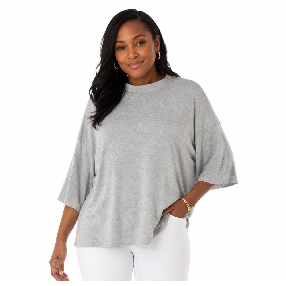 LOFT Gray Mock Neck 3/4 Sleeve Knit Top Relaxed Fit Boxy S Lagenlook 66-29